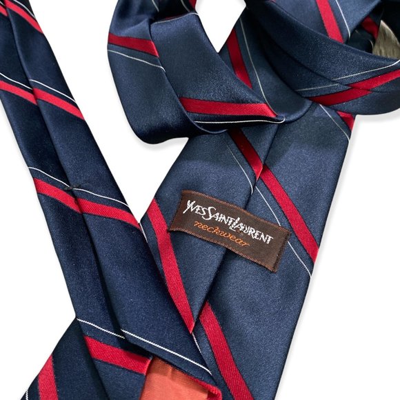 YVES SAINT LAURENT Navy Blue & Red Diagonal Motif Narrow Tie - Picture 4 of 4